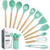 ✅ Full set – spoons, spatulas, whisk & more ✅ Heat-resistant silicone – safe for all cookware ✅ Wooden handles – stylish & comfortable grip