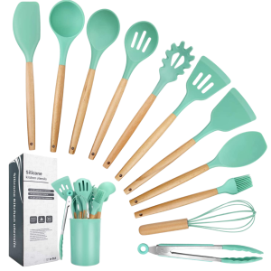 ✅ Full set – spoons, spatulas, whisk & more ✅ Heat-resistant silicone – safe for all cookware ✅ Wooden handles – stylish & comfortable grip