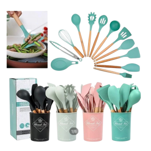✅ Full set – spoons, spatulas, whisk & more ✅ Heat-resistant silicone – safe for all cookware ✅ Wooden handles – stylish & comfortable grip