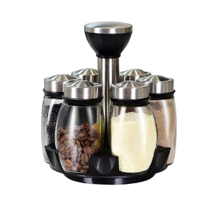 • 360° rotating stand for easy access • Clear glass jars for neat and visible storage • Multi-hole lids for controlled pouring
