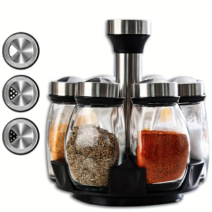 • 360° rotating stand for easy access • Clear glass jars for neat and visible storage • Multi-hole lids for controlled pouring