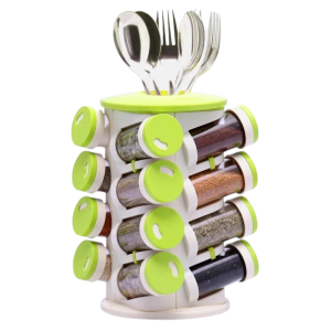 • Combines spice jars and spoon holder in one unit • 360° rotating design for easy access • Space-saving and compact structure