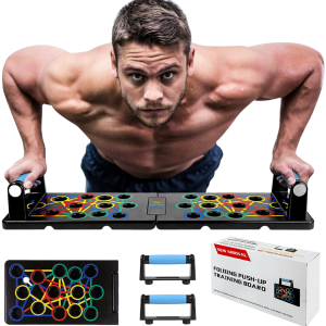 • Multiple hand positions for full upper body workout • Foldable and portable design • Targets chest, shoulders, and arms