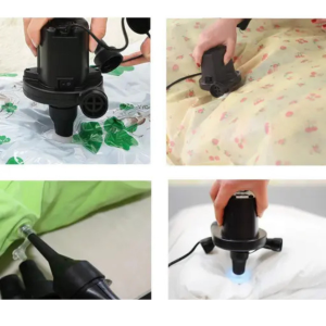 • DC powered – easy to use with car socket • Quick inflate & deflate function • Multiple nozzles for different uses
