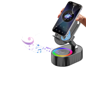 Combines a Bluetooth speaker and phone stand in one smart device Wireless induction feature offers convenient and easy use Stylish LED light effect adds a modern look to your desk or room